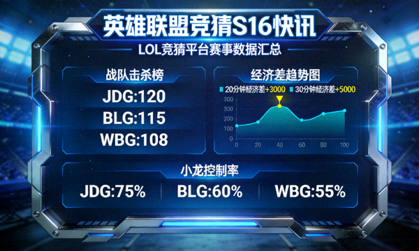 英雄联盟竞猜S16快讯LOL竞猜平台赛事数据汇总配图，画面为电竞比赛数据统计大屏